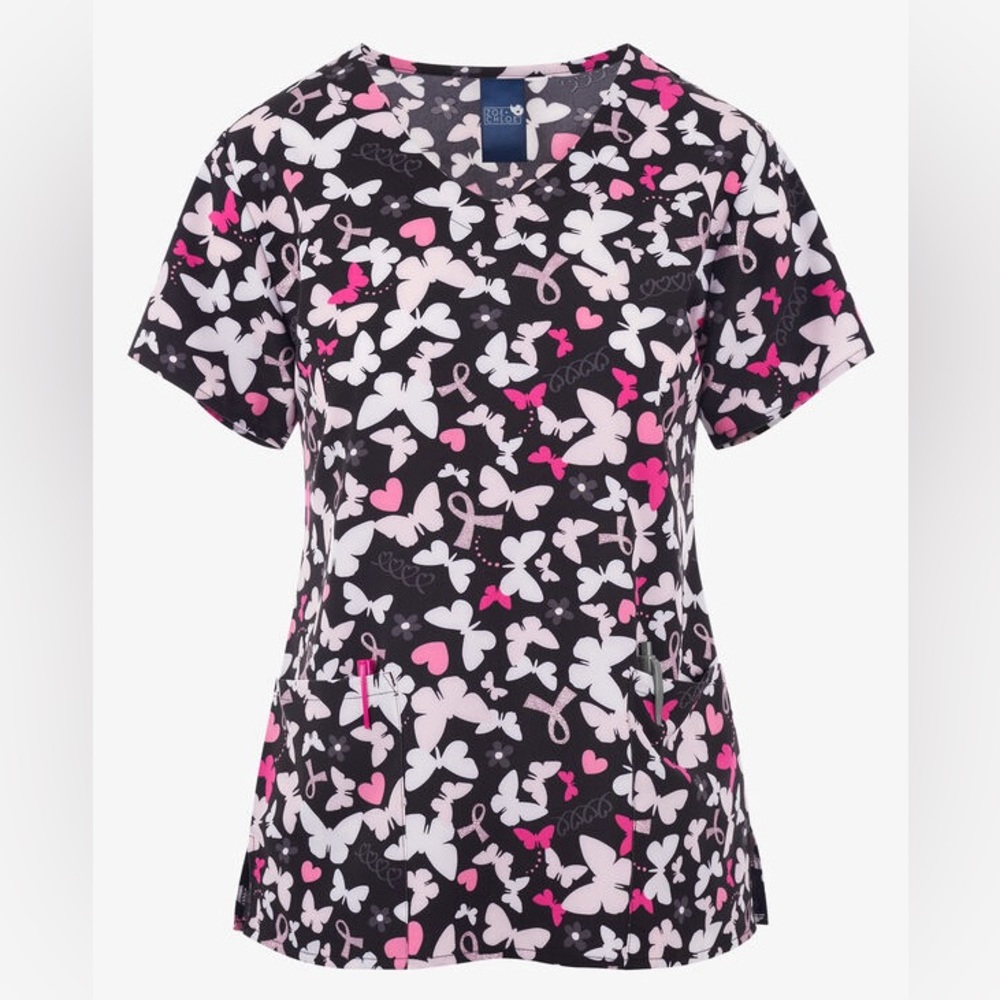 Zoe & Chloe Pink cancer Awareness. 2-Pocket STRETCH V-Neck Print Scrub Sz Med